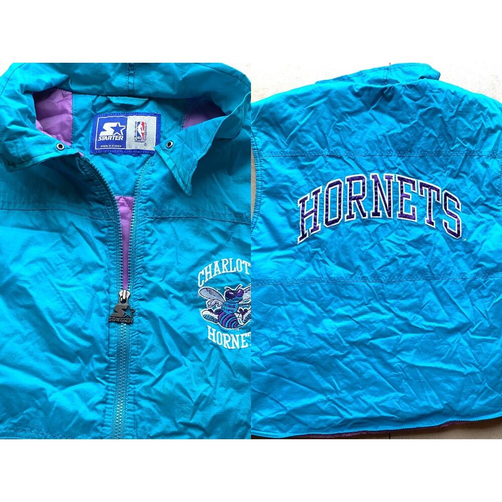 Charlotte Hornets 90s STARTER Vest puffer jacket L teal purple NBA vintage